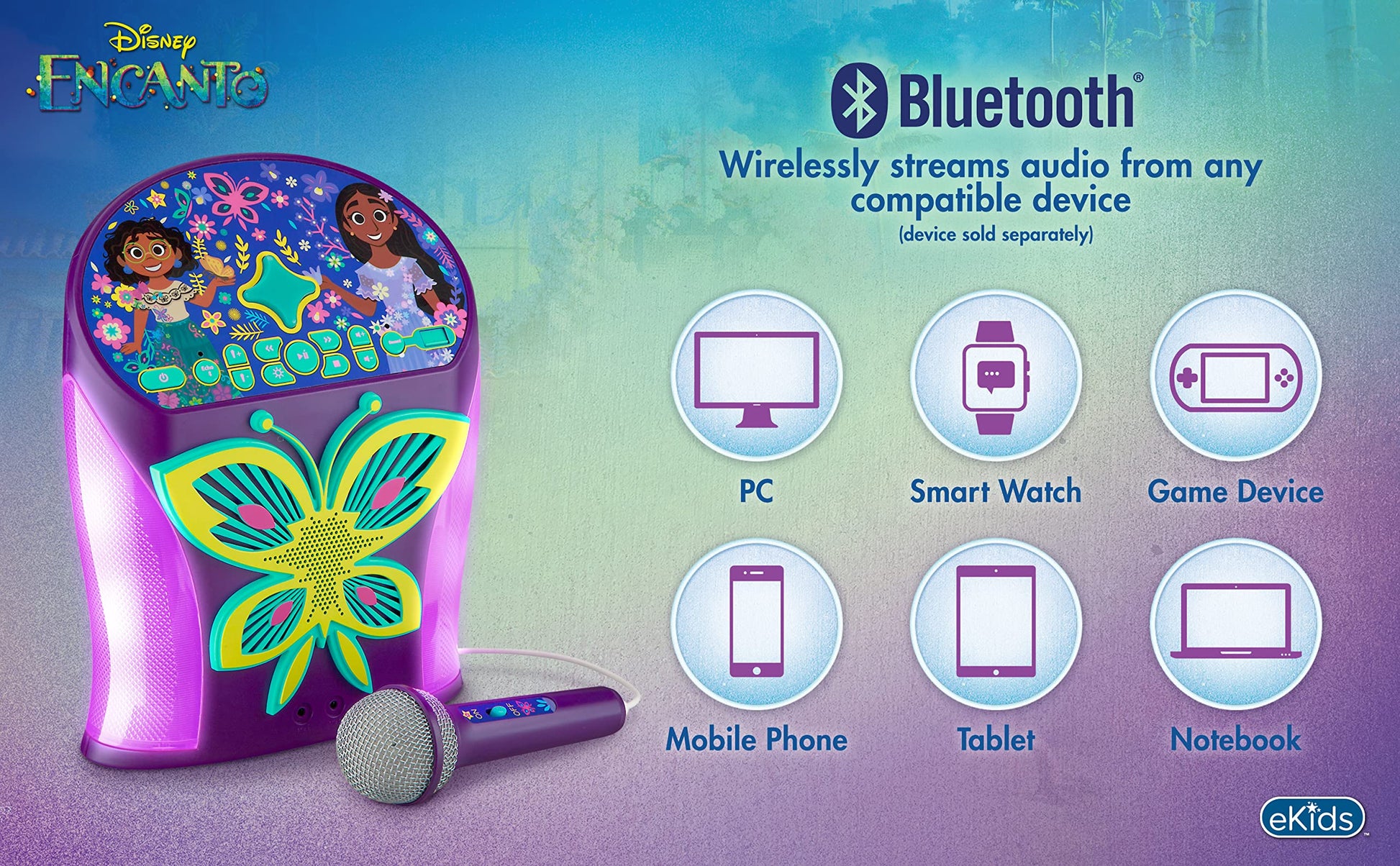 eKids Disney Encanto Karaoke Machine, Bluetooth Speaker with Microphone for Kids, with USB Port to Play Music, Easily Access Playlists with New EZ