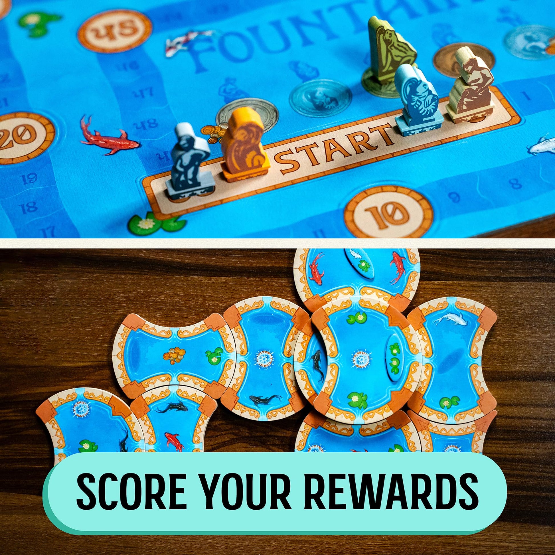 Fountains Board Game, Competitive Tile-Laying Strategy Game, Stunning Art Nouveau Aesthetic, 1-5 Players, Unique 3D Stacking & Drafting, Family