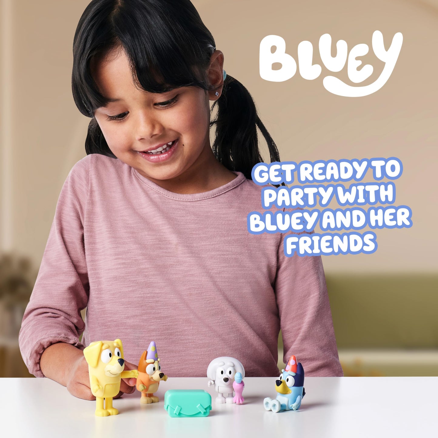 Bluey Pass The Parcel Figurine Toys Pack of 4, Character Toys with Bingo, Lucky’s Dad, and Lila Figures, Small Action Figures for Kids Ages 3+