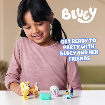 Bluey Pass The Parcel Figurine Toys Pack of 4, Character Toys with Bingo, Lucky’s Dad, and Lila Figures, Small Action Figures for Kids Ages 3+