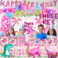 Pink Three Dino Rex Birthday Party Decorations Dinosaur 3rd Birthday Décorations Three inspired Rex Birthday Party Supplies include balloon backdrop