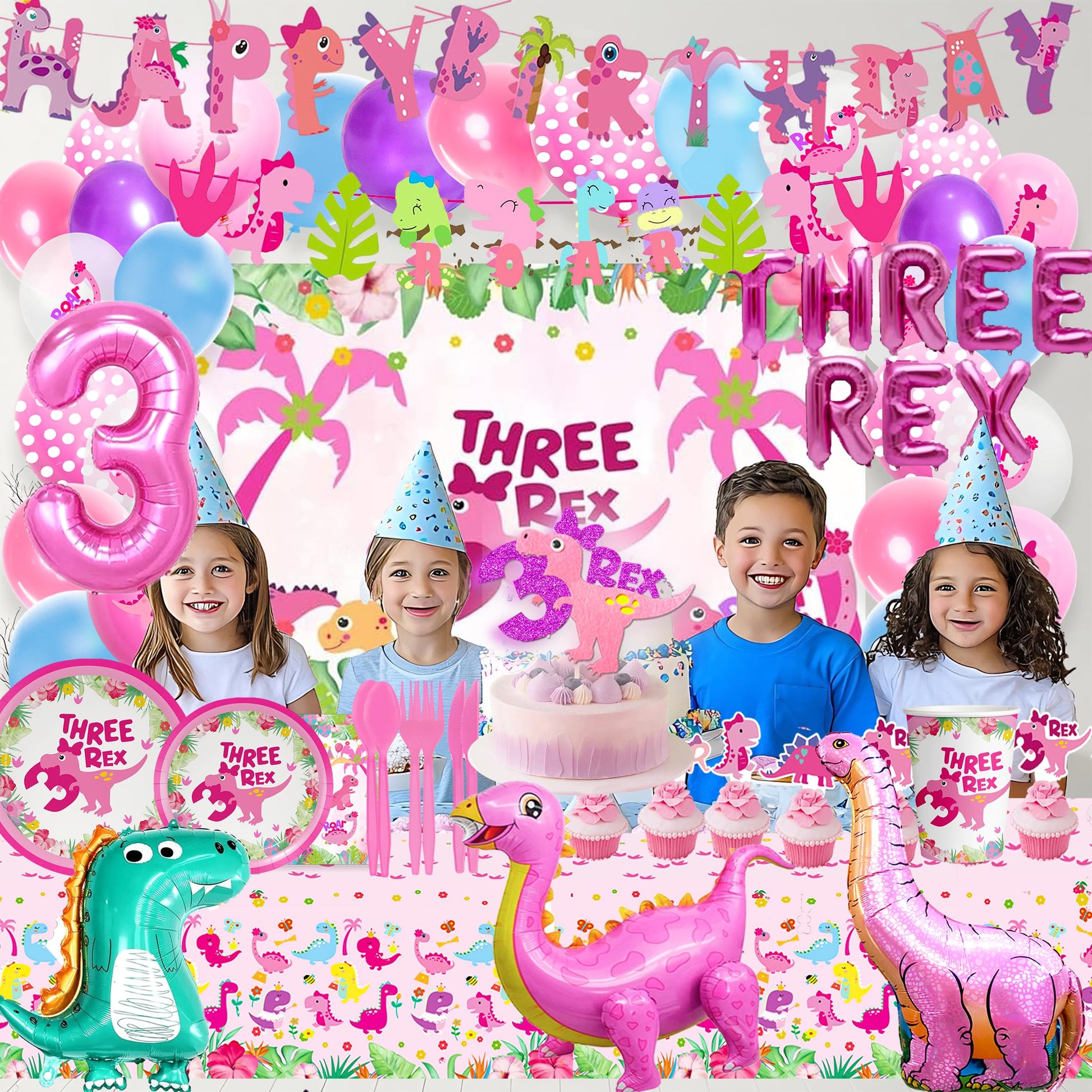 Pink Three Dino Rex Birthday Party Decorations Dinosaur 3rd Birthday Décorations Three inspired Rex Birthday Party Supplies include balloon backdrop