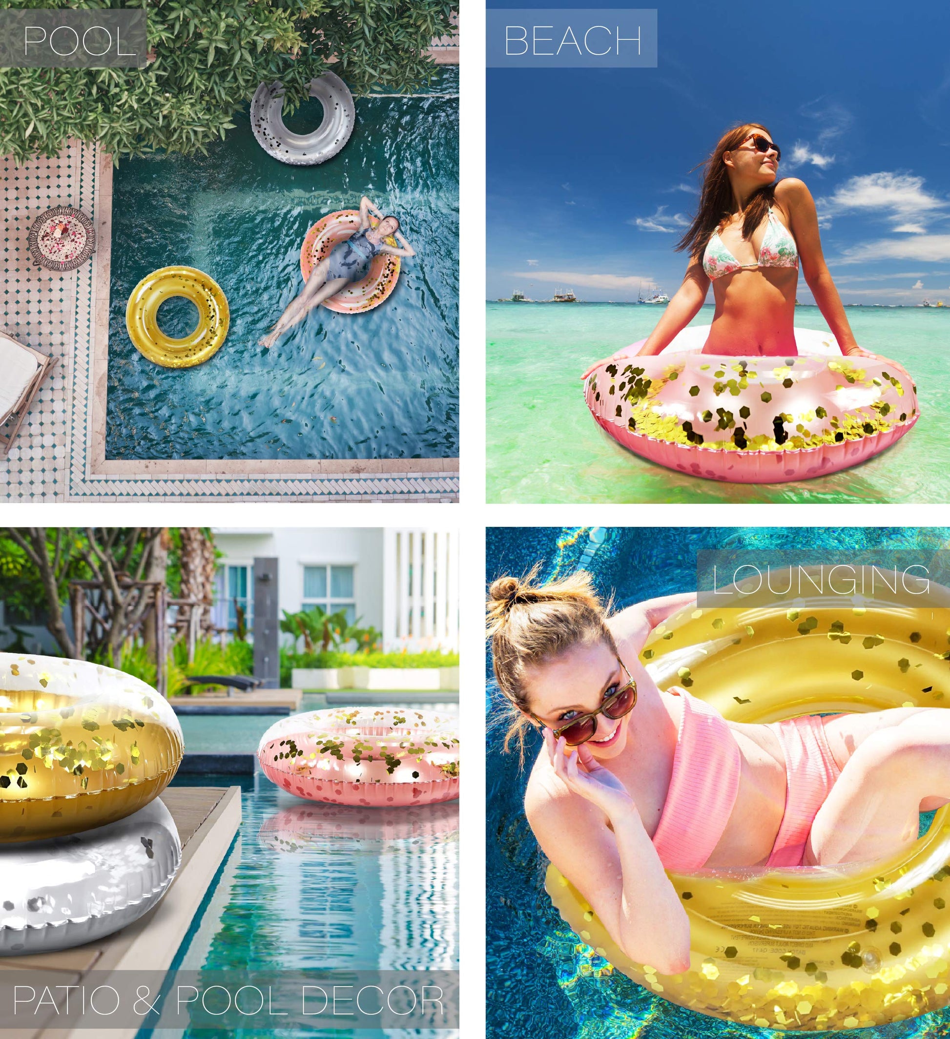 Mozlly Silver, Gold, and Rose Gold Inflatable Pool Floats Tube Set of 3 - Premium Fun Confetti Swim Rings Toys, Adult and Kids Pool Float Water Tubes
