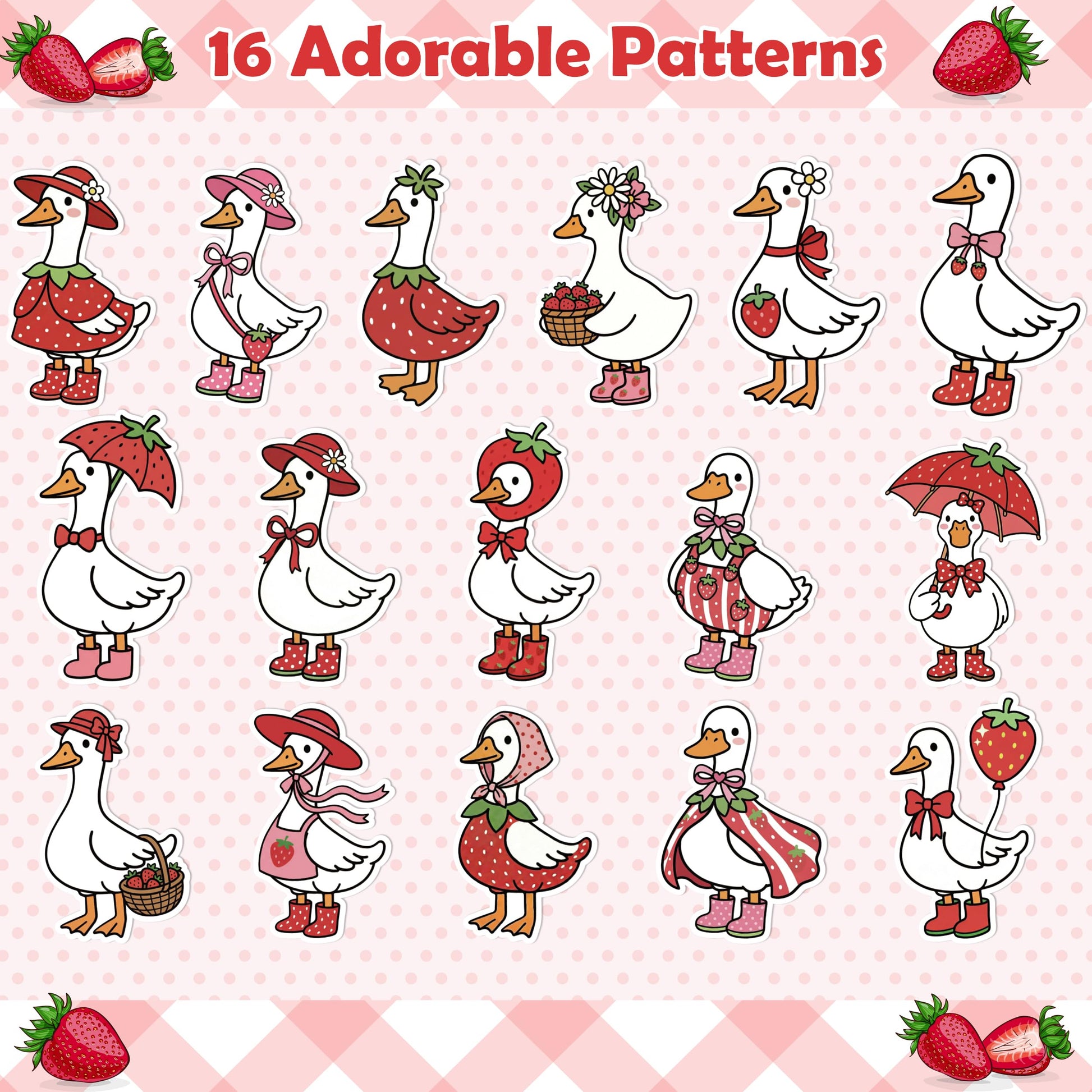 5wsech Summer Strawberry Goose Roll Stickers - 1000Pcs Pink Red Bow Strawberry Silly Goose Decals, Funny Summer Holiday Decorative Stickers Gift