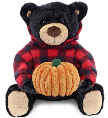 DolliBu Super Soft Plush Black Bear with Red Plaid Hoodie Stuffed Animal with Pumpkin Decor - Plush Animal for Fall, Halloween and Thanksgiving