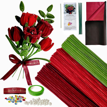 YYUENG TAK 200 pcs Red Pipe Cleaner Flowers Craft kit for DIY Rose Bouquet with tutoria,Chenille Stem Flowers Craft with 12 pcs Green Floral