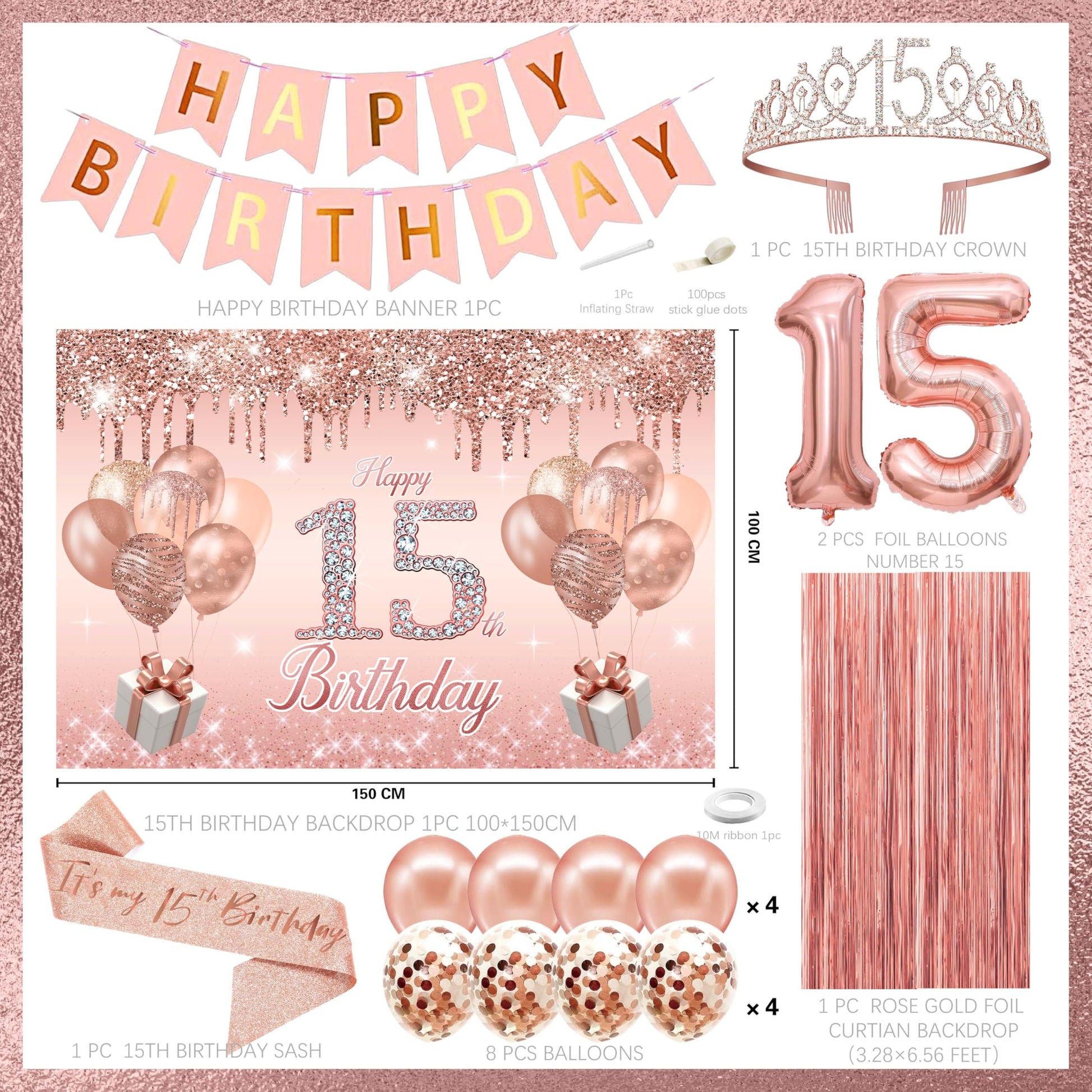 15th Birthday Decorations for Girls,Banner,Backdrop, it’s my 15th Birthday Sash, Sweet Rhinestone Tiara Crown,Balloons