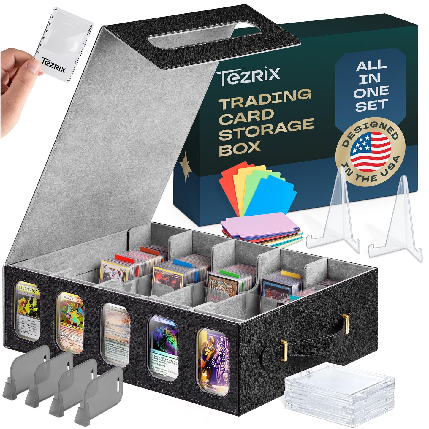 TEZRIX 5-row Trading Card Storage Box with Display Windows | Magnifier Ruler, 2 Display Stands, 7 Cardholders & 24 Category Tabs Included | 3900+ Card