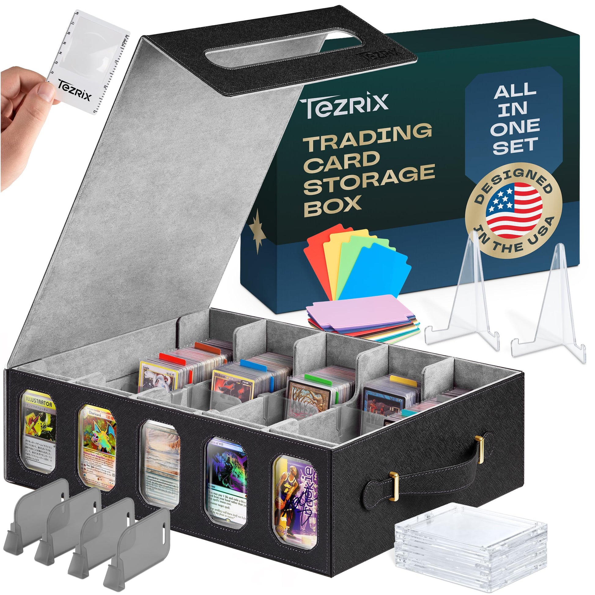 TEZRIX 5-row Trading Card Storage Box with Display Windows | Magnifier Ruler, 2 Display Stands, 7 Cardholders & 24 Category Tabs Included | 3900+ Card