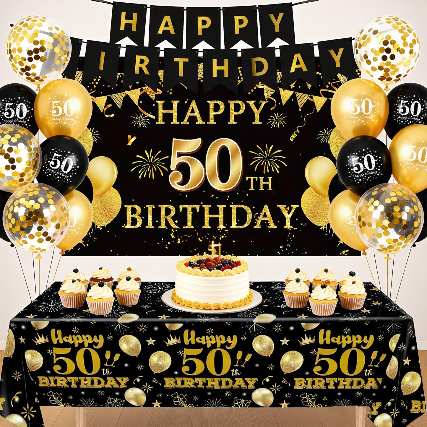 15 PCS Black Gold 50th Birthday Party Decorations 50th Happy Birthday Banner Backdrop for Men Women Birthday Photo Booth Supplies