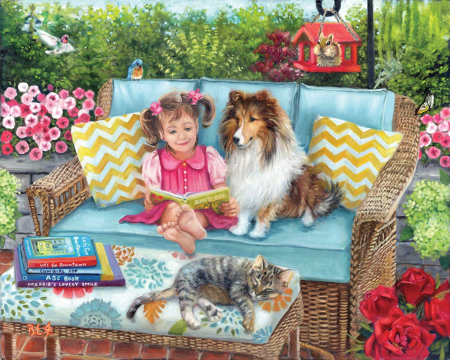 Bits and Pieces - 300 Piece Jigsaw Puzzle for Adults - Story Time - Dog and Cat on The Patio Wicker Furniture Girl Book Jigsaw Puzzle by Artist Brooke