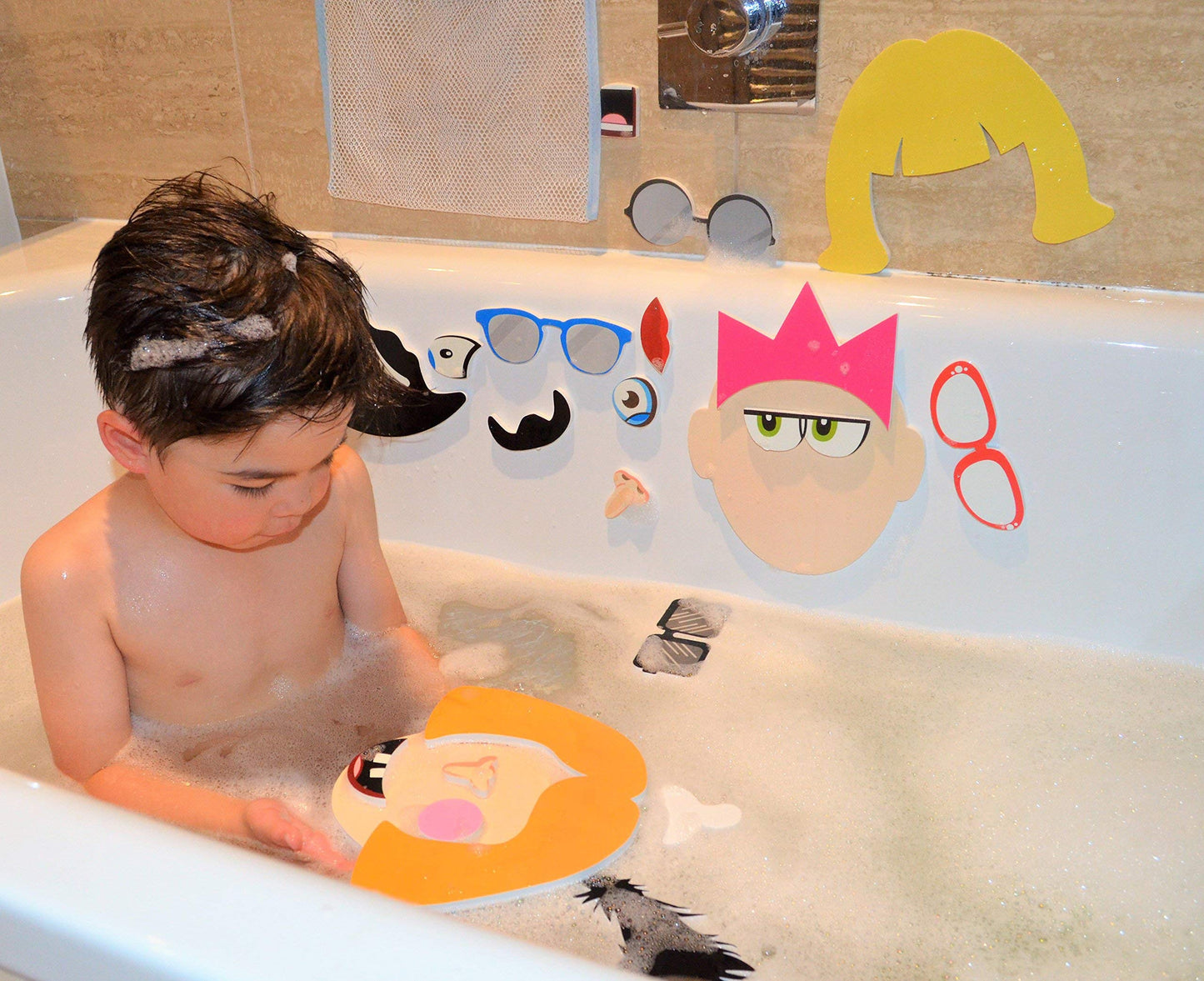 Buddy & Barney: Silly Faces Bath Time Stickers - 36 Reusable Foam Stickers & Mesh Storage Bag, Mix & Match, Fun Tub & Water Toy, Toddlers & Kids Age