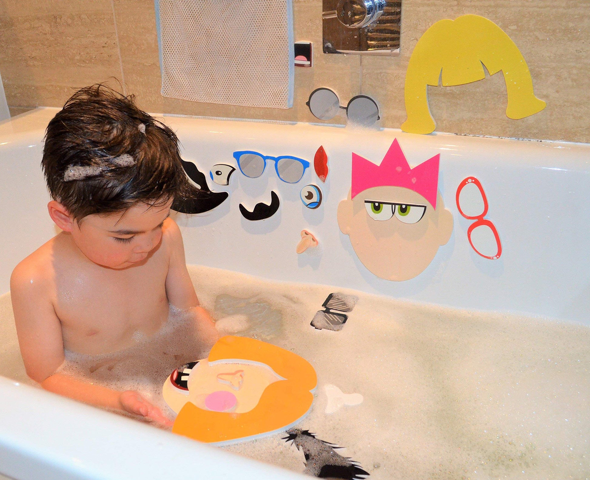Buddy & Barney: Silly Faces Bath Time Stickers - 36 Reusable Foam Stickers & Mesh Storage Bag, Mix & Match, Fun Tub & Water Toy, Toddlers & Kids Age