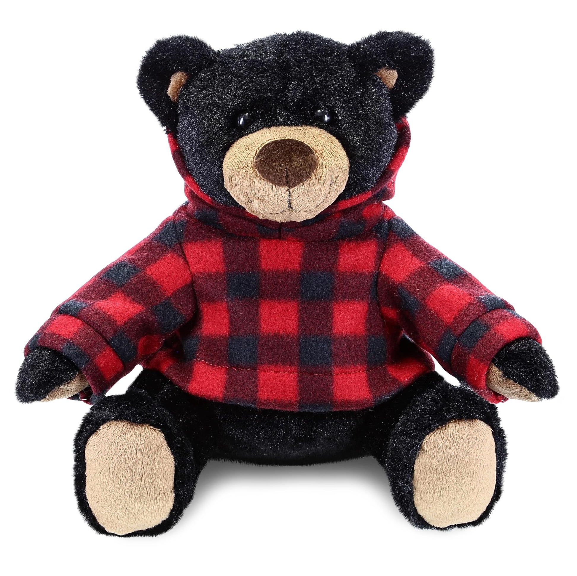 DolliBu Plush Black Bear with Red Plaid Hoodie - Soft Huggable Wild Life Bear, Adorable Playtime Zoo Black Bear Plush, Cute Cuddle Gift for Kids