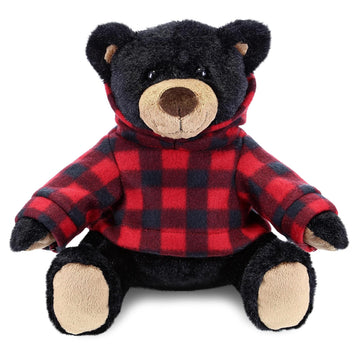 DolliBu Plush Black Bear with Red Plaid Hoodie - Soft Huggable Wild Life Bear, Adorable Playtime Zoo Black Bear Plush, Cute Cuddle Gift for Kids