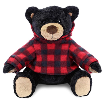 DolliBu Plush Black Bear with Red Plaid Hoodie - Soft Huggable Wild Life Bear, Adorable Playtime Zoo Black Bear Plush, Cute Cuddle Gift for Kids