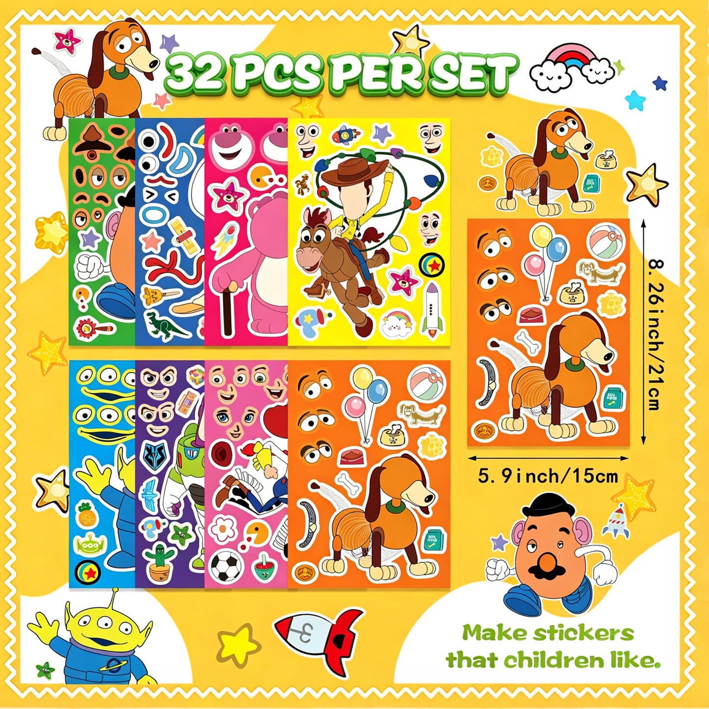 32pcs Make a face Toy Story Stickers,Make Your Own Stickers,Mixed & Matched with 8 Designed Characters for Party Favors Supplies, Reward, Decor,Gift