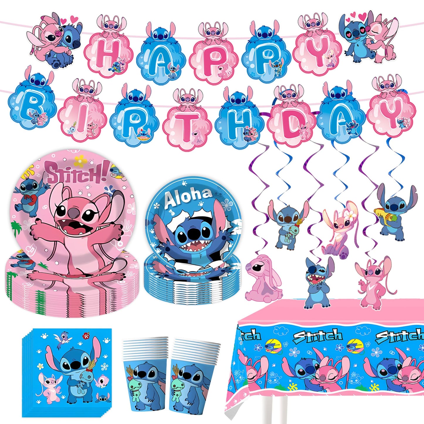 Stitch Party Supplies, Birthday Party Decorations Set Includes Banner, Plates, Napkins, Cups, Hanging Swirls, Tablecloth for Boys Girls Stitch Angel