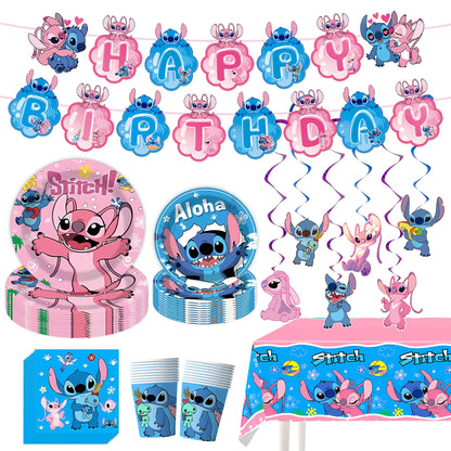 Stitch Party Supplies, Birthday Party Decorations Set Includes Banner, Plates, Napkins, Cups, Hanging Swirls, Tablecloth for Boys Girls Stitch Angel