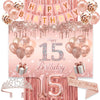 15th Birthday Decorations for Girls,Banner,Backdrop, it’s my 15th Birthday Sash, Sweet Rhinestone Tiara Crown,Balloons