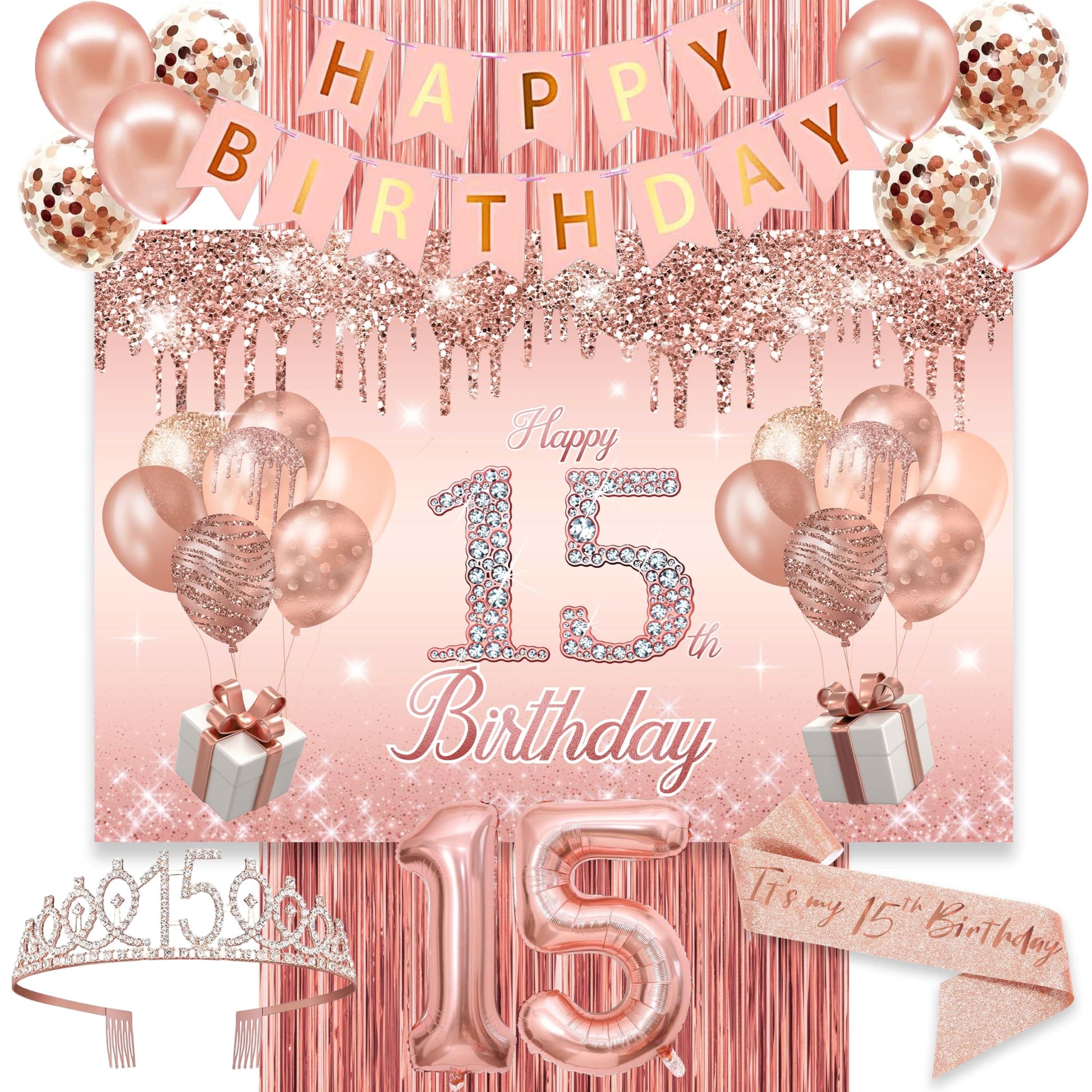 15th Birthday Decorations for Girls,Banner,Backdrop, it’s my 15th Birthday Sash, Sweet Rhinestone Tiara Crown,Balloons