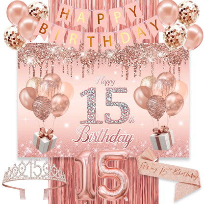 15th Birthday Decorations for Girls,Banner,Backdrop, it’s my 15th Birthday Sash, Sweet Rhinestone Tiara Crown,Balloons