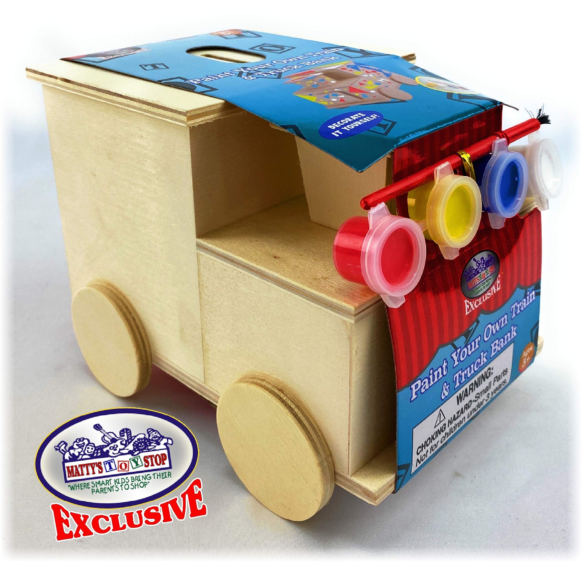 M?tty's Toy Stop Design & Paint Your Own Wooden Train & Truck Banks (Each Includes 4 Paints & 1 Brush) Gift Set Bundle - 2 Pack