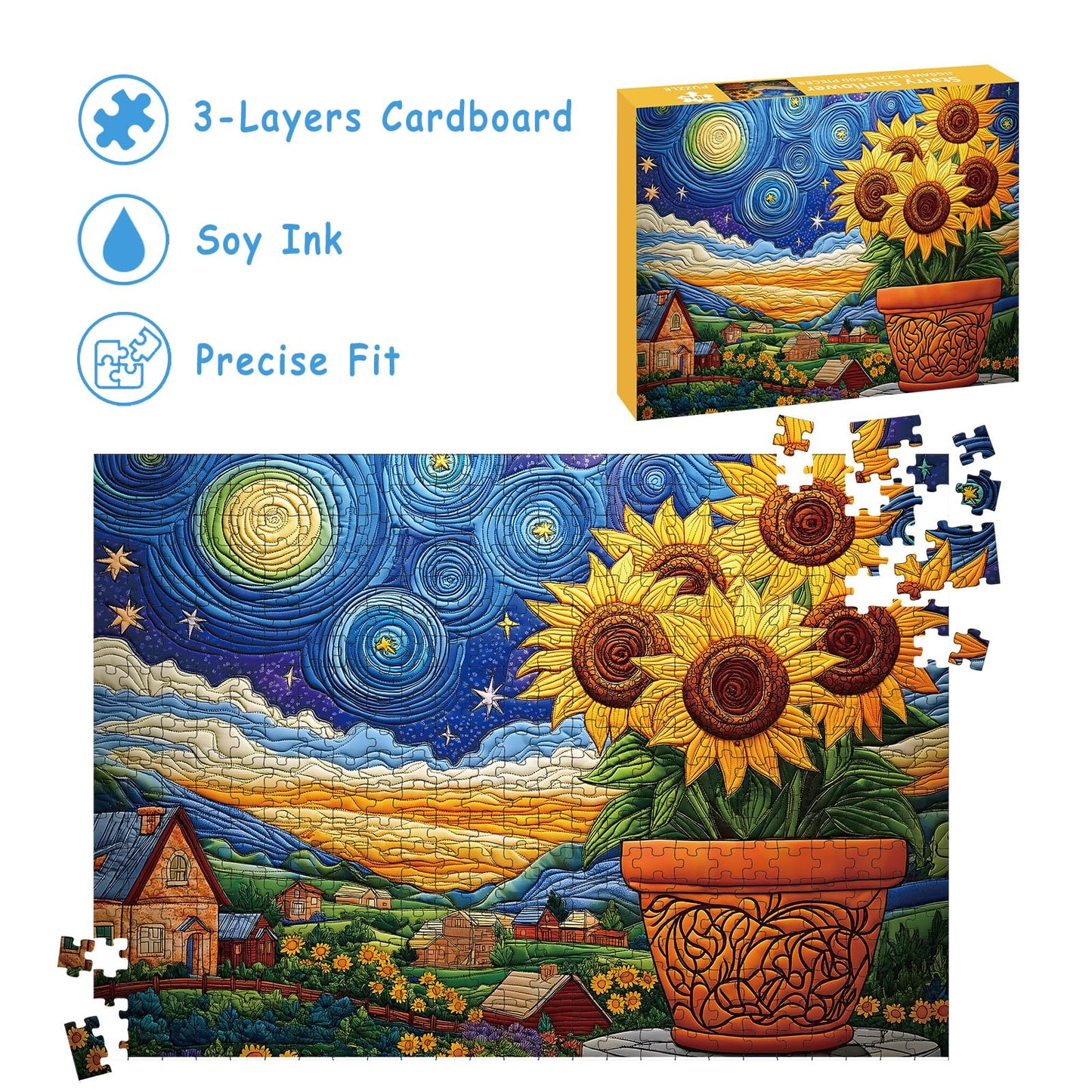 Puzzles for Adults 500 Pieces, Sunflower Puzzle Jigsaw Puzzles 500 Pieces - Starry Sunflower, Impossible Starry Night Puzzle, Finished Size 20.47 *