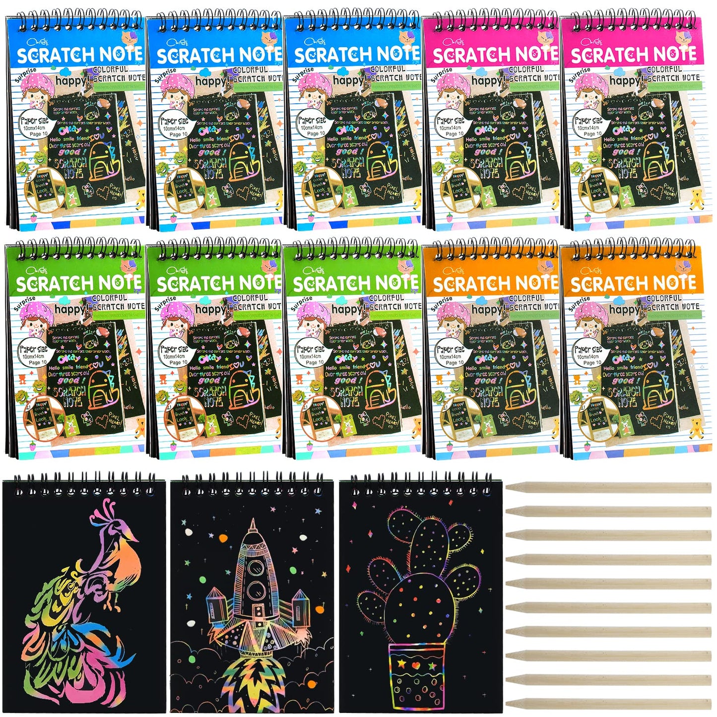 Blcculi 10 Pack Rainbow Scratch Notebooks,Scratch Note Pads,Rainbow Scratch Notes with Wooden Stylus,Scratch Art for Party Favors Arts and Crafts