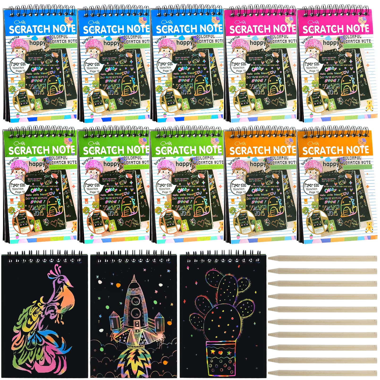 Blcculi 10 Pack Rainbow Scratch Notebooks,Scratch Note Pads,Rainbow Scratch Notes with Wooden Stylus,Scratch Art for Party Favors Arts and Crafts