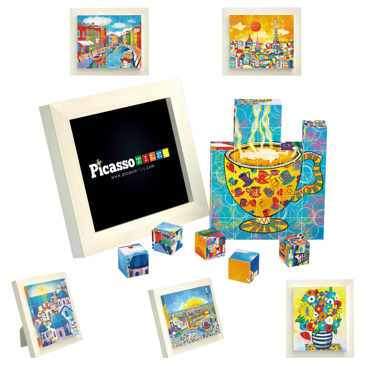 PicassoTiles 6-in-1 World Famous Painting Puzzles Magnetic Cubes Toy_Building_Block, Spain Park Guell, Paris Eiffel Tower, Greece Santorini & More for