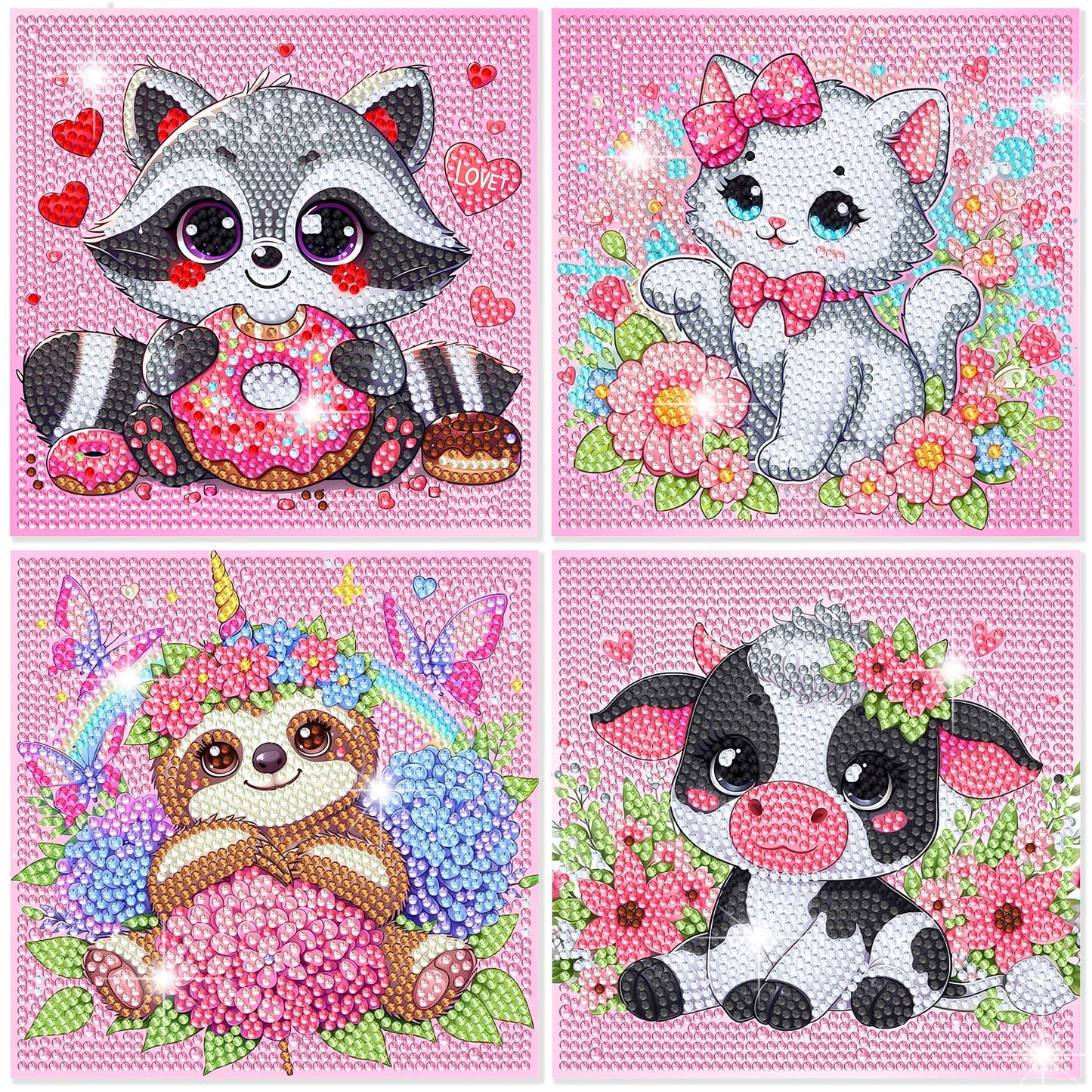 Diamond Art Kits for Kids, 4 Pieces Cartoon Animals Diamond Painting Kits for Adults Beginner, 5D Full Round Drill Gem Art Arts and Crafts for Kid
