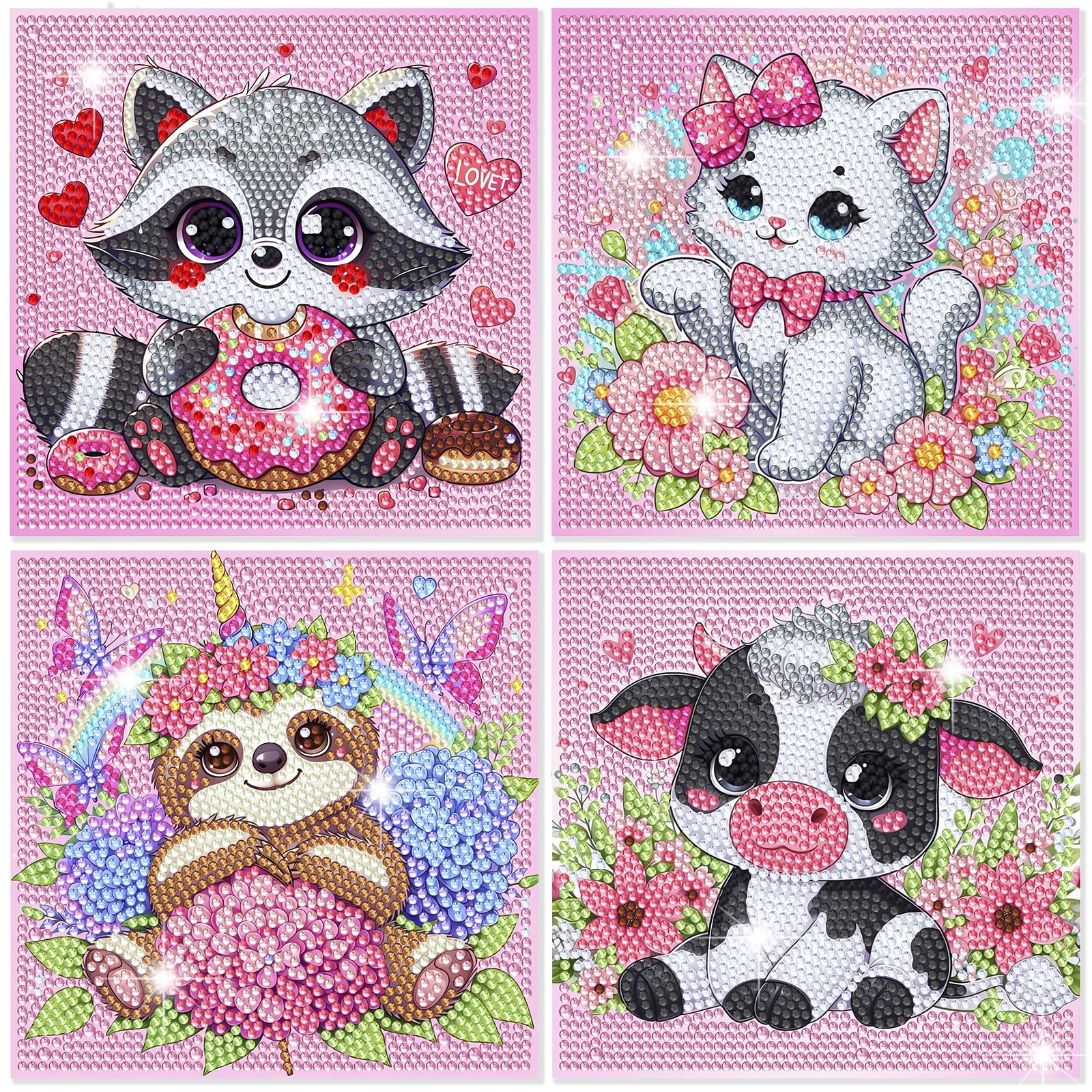 Diamond Art Kits for Kids, 4 Pieces Cartoon Animals Diamond Painting Kits for Adults Beginner, 5D Full Round Drill Gem Art Arts and Crafts for Kid
