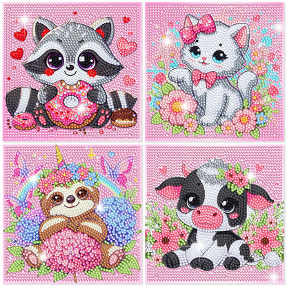 Diamond Art Kits for Kids, 4 Pieces Cartoon Animals Diamond Painting Kits for Adults Beginner, 5D Full Round Drill Gem Art Arts and Crafts for Kid
