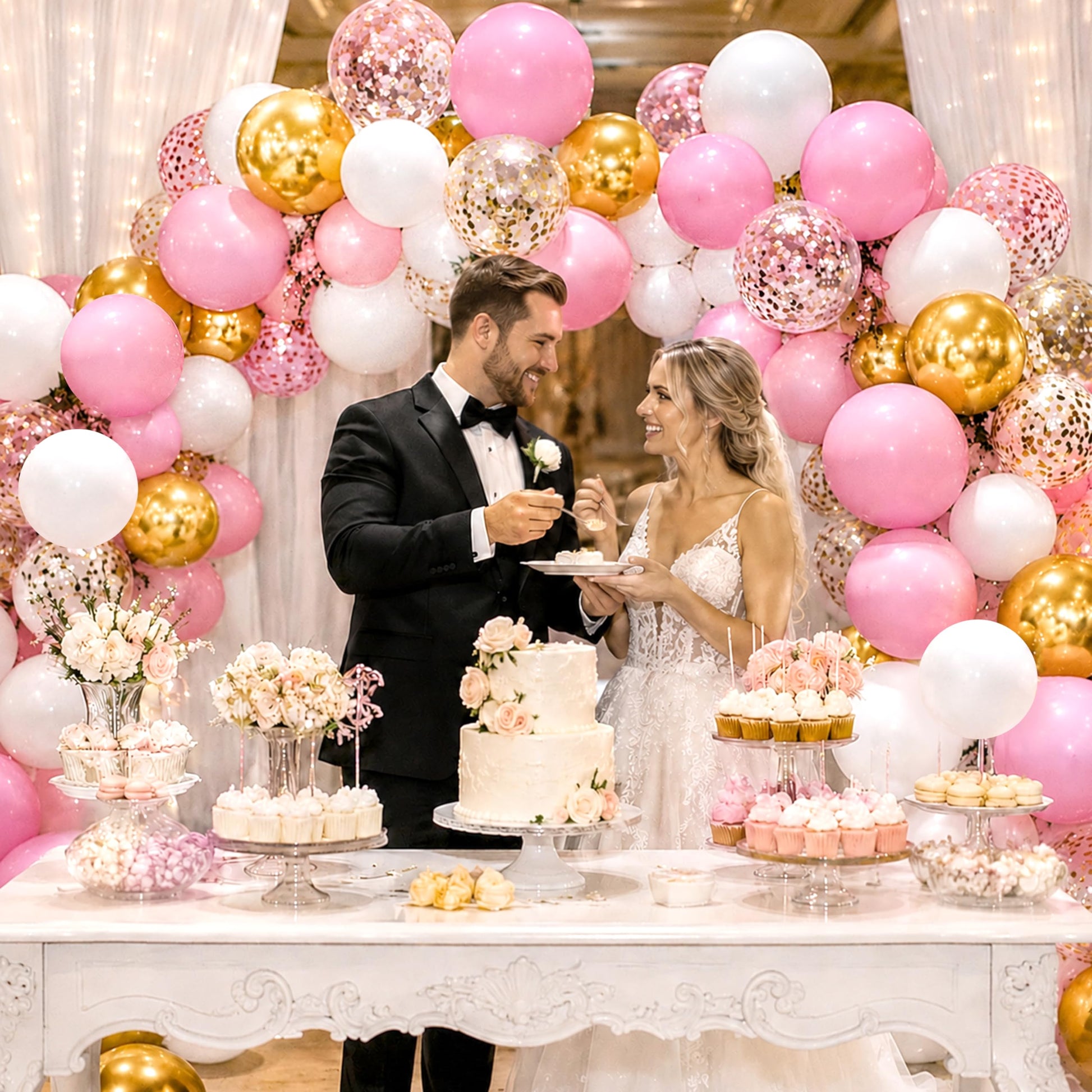 OuMuaMua 60Pcs Pink Gold Confetti Latex Balloons Kit, 12 Inch Pink White Gold Helium Mother's Day Balloons Party Supplies for Confession Proposal