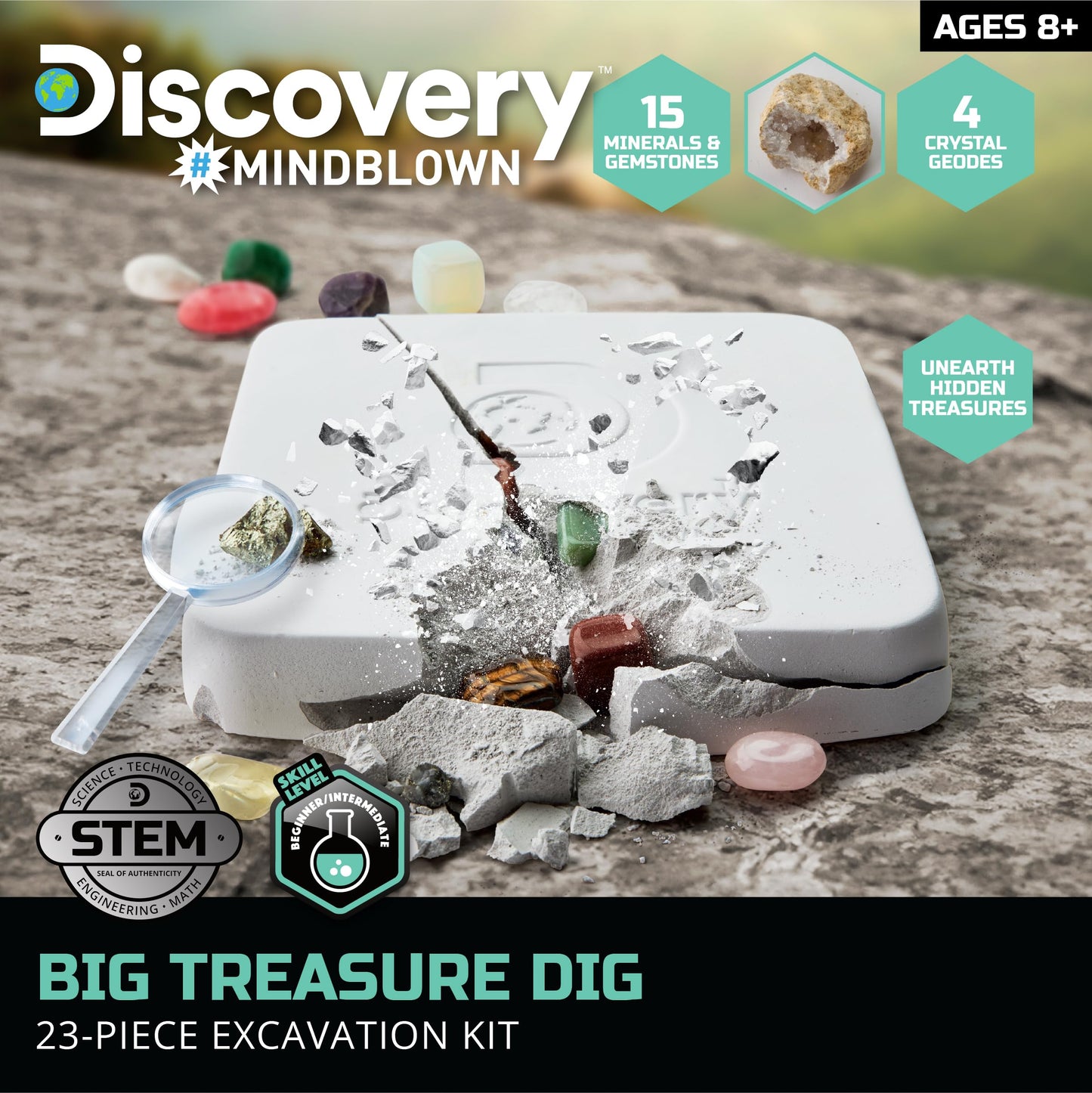 Discovery™ Big Treasure Dig STEM Kit - 23-Piece Excavation Set for Kids| Dig for 15 Gemstones, 4 Crystal Geodes & Pyrite Nuggets| Real Tools|