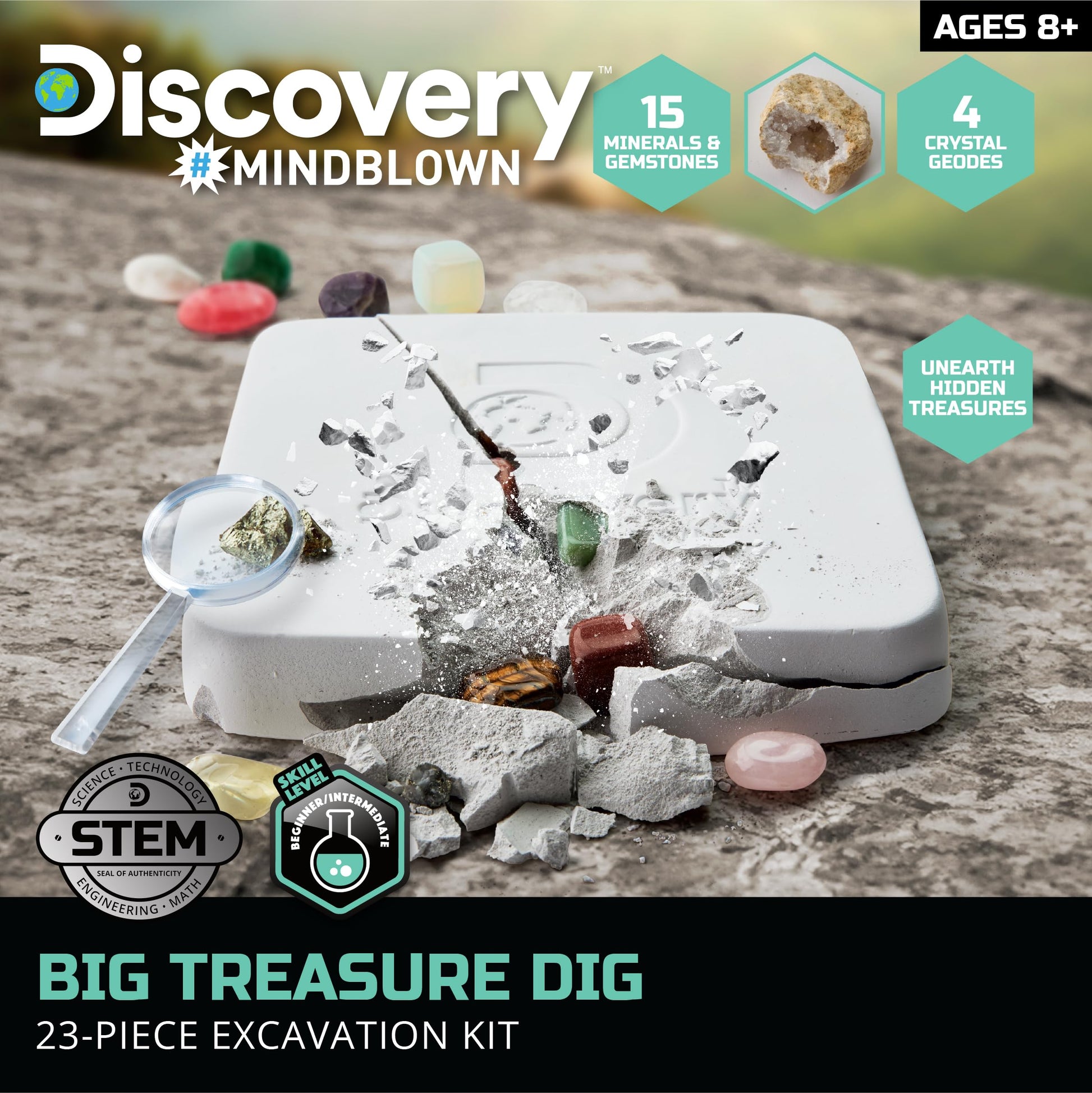 Discovery™ Big Treasure Dig STEM Kit - 23-Piece Excavation Set for Kids| Dig for 15 Gemstones, 4 Crystal Geodes & Pyrite Nuggets| Real Tools|