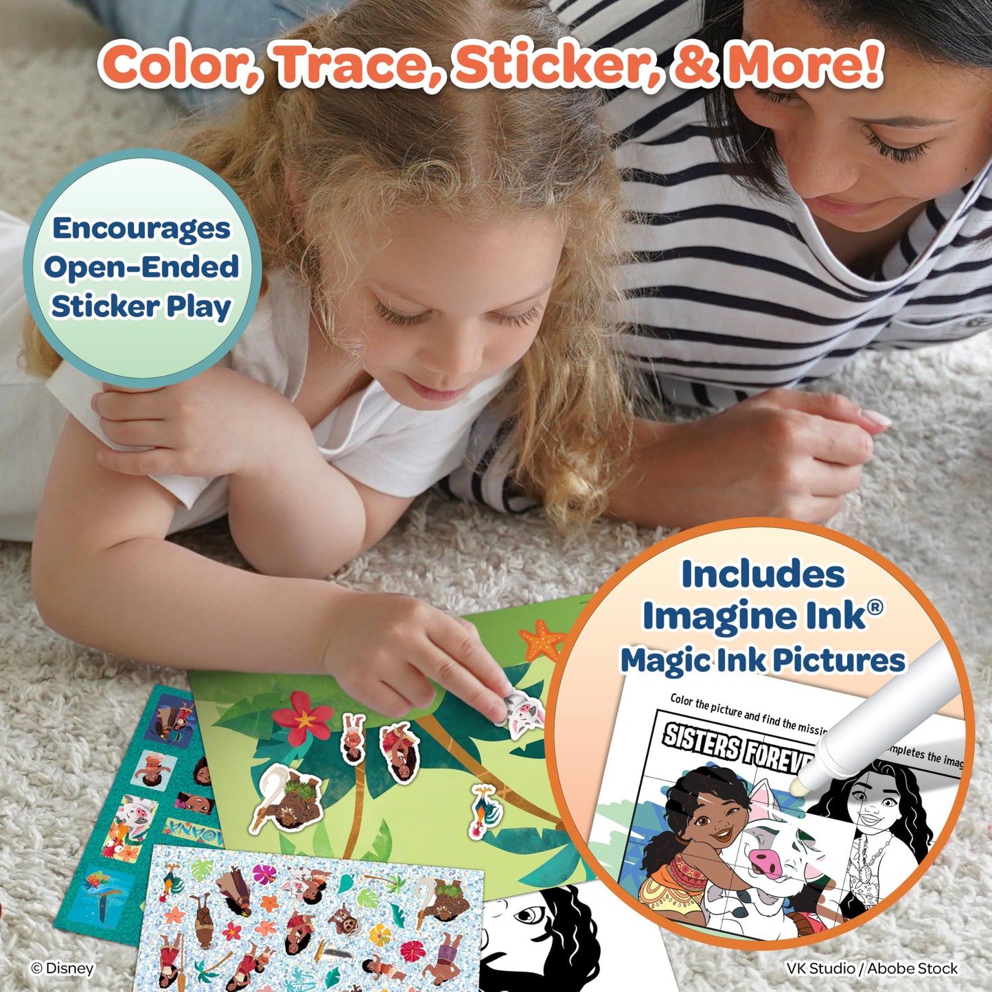 Disney Moana 2 Coloring Book Bundle for Kids - 4-Pack Princess Activity Set with Jumbo Coloring Book, Trace and Learn, 1200+ Stickers, and Mess-Free
