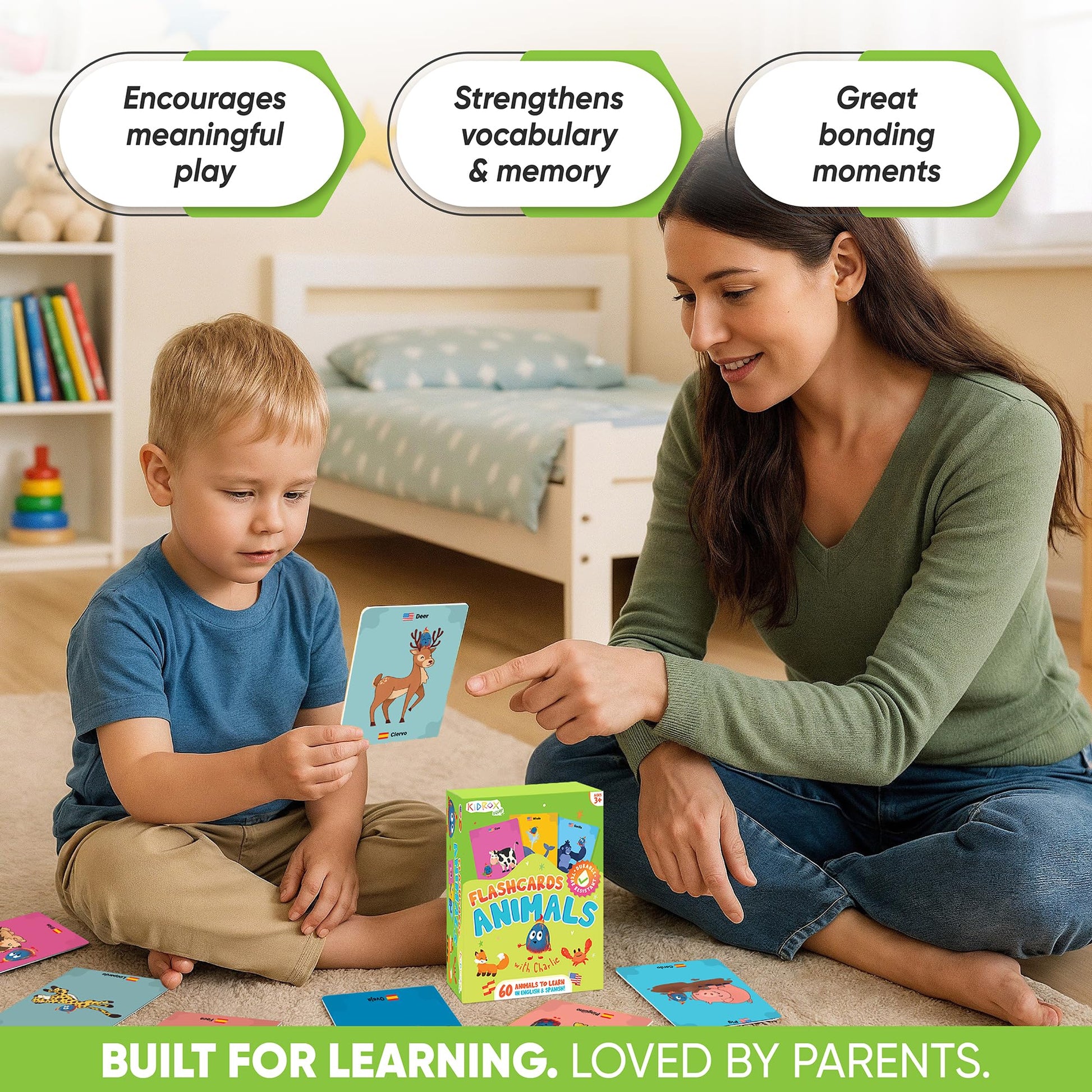 Kidrox Animals Flash Cards, English Learning Cards with Spanish Translations Included, Indestructible Double-Sided, 30 Cards