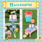Honey Bee Acres Birthday Wishes Playset, 15 Piece Miniature Dollhouse Party Set with Cat Figure, Rainbow Cake, Balloons & Gift, Pretend Play Birthday