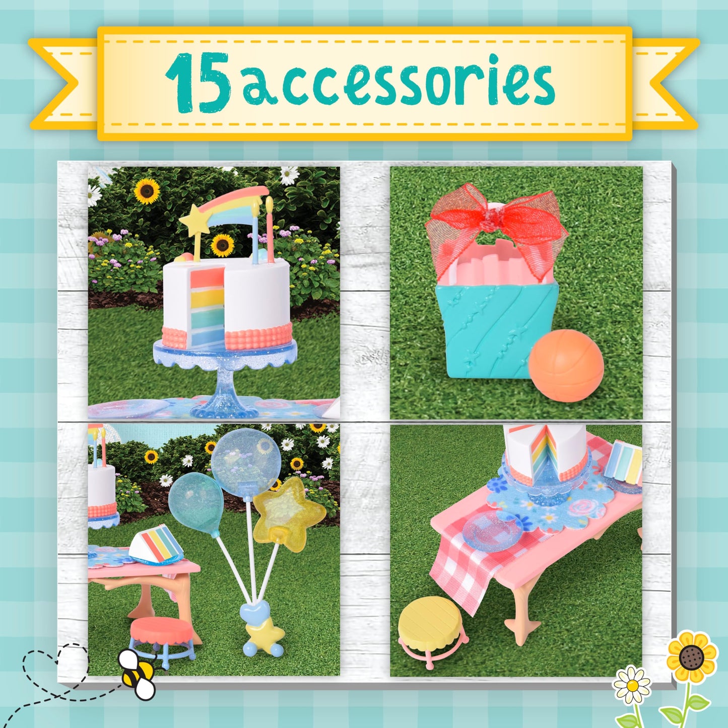 Honey Bee Acres Birthday Wishes Playset, 15 Piece Miniature Dollhouse Party Set with Cat Figure, Rainbow Cake, Balloons & Gift, Pretend Play Birthday