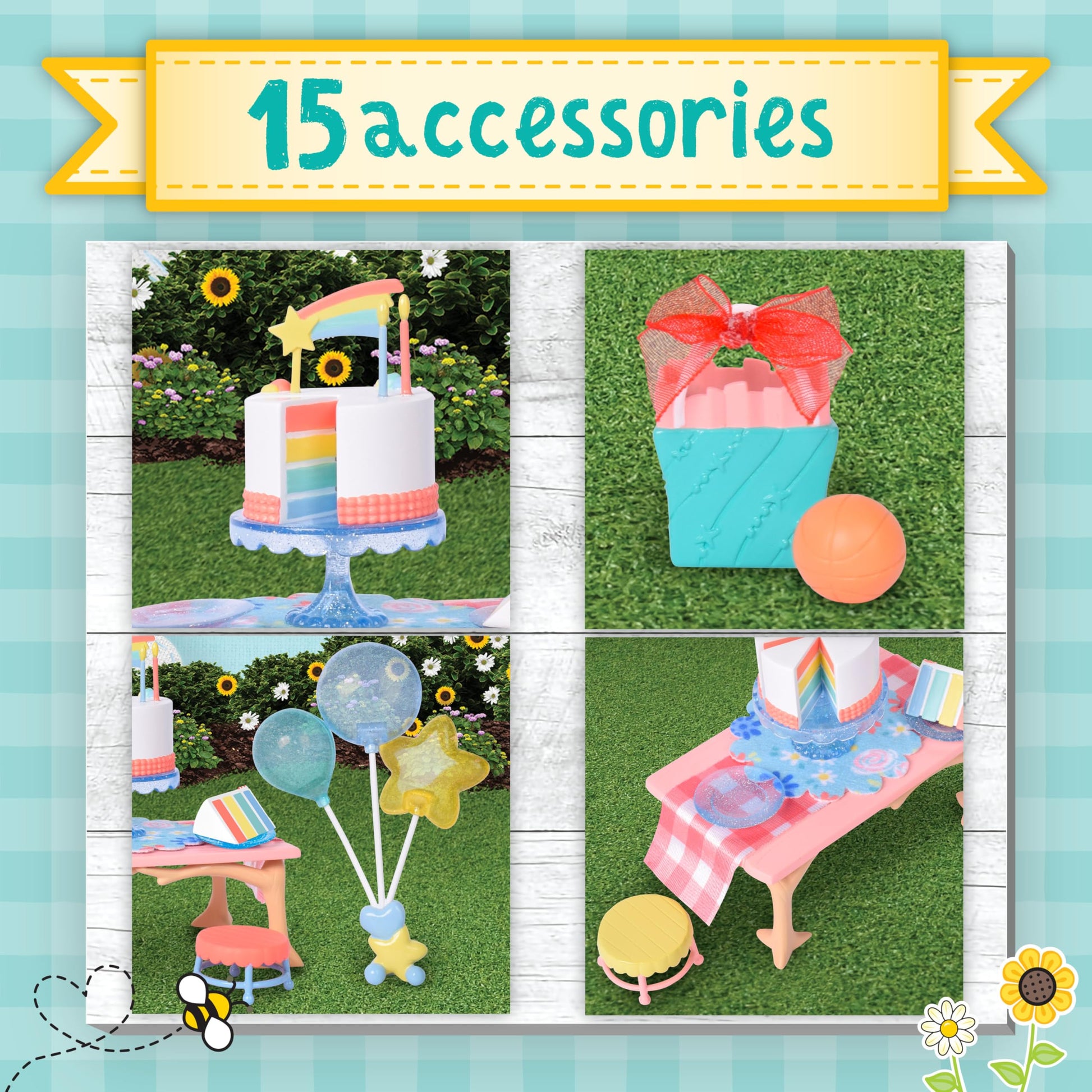 Honey Bee Acres Birthday Wishes Playset, 15 Piece Miniature Dollhouse Party Set with Cat Figure, Rainbow Cake, Balloons & Gift, Pretend Play Birthday