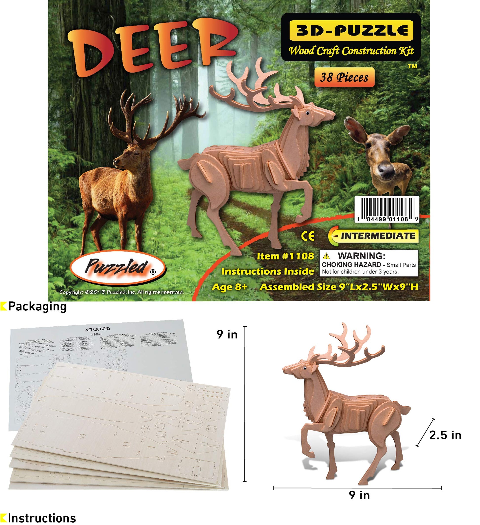 Puzzled 3D Puzzle Deer Wood Craft Construction Model Kit, Fun, Unique & Educational DIY Wooden Toy Assemble Model Unfinished Crafting Hobby Puzzle