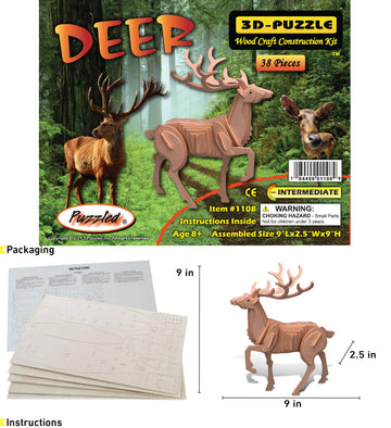 Puzzled 3D Puzzle Deer Wood Craft Construction Model Kit, Fun, Unique & Educational DIY Wooden Toy Assemble Model Unfinished Crafting Hobby Puzzle