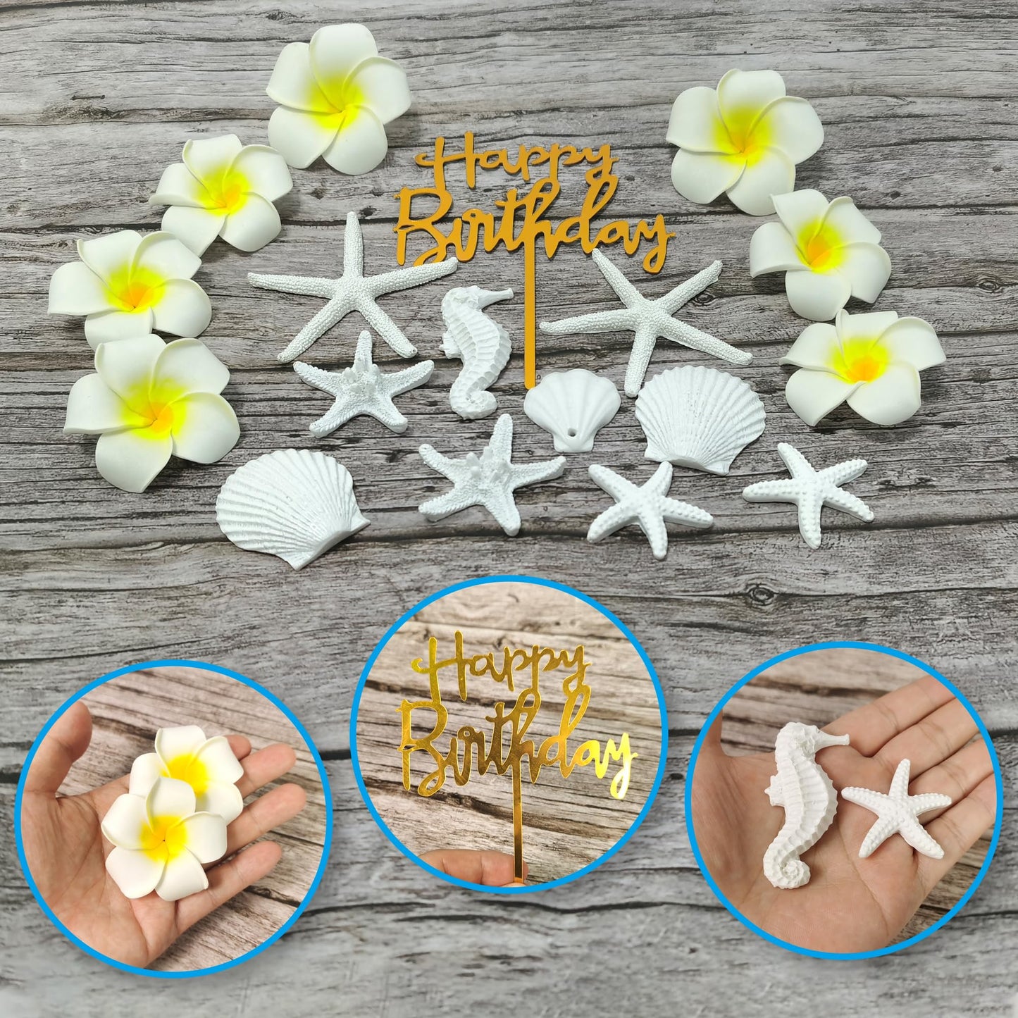 21 PCS Flower Cake Topper Hawaiian Beach Cake Decorations with Starfish Artificial Plumeria Flower for Hawaii Aloha Summer Theme Wedding Birthday