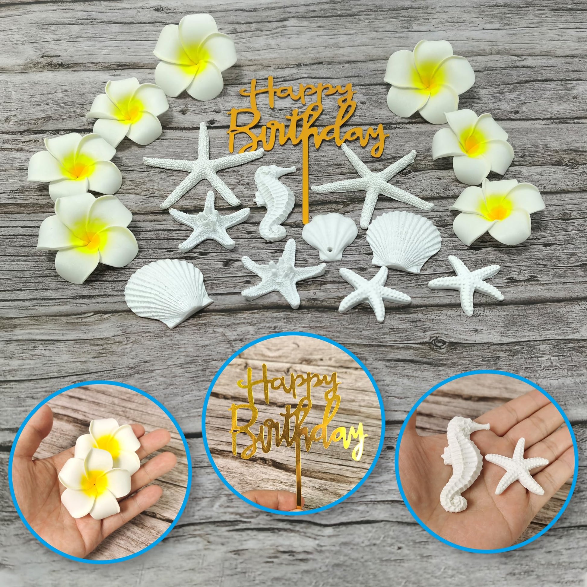 21 PCS Flower Cake Topper Hawaiian Beach Cake Decorations with Starfish Artificial Plumeria Flower for Hawaii Aloha Summer Theme Wedding Birthday