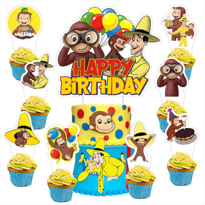 25pcs Cartoon For George of Curious Birthday Decorations with 24pcs Cupcake Toppers,1pcs Cake Topper for Cartoon Birthday Party Supplies.
