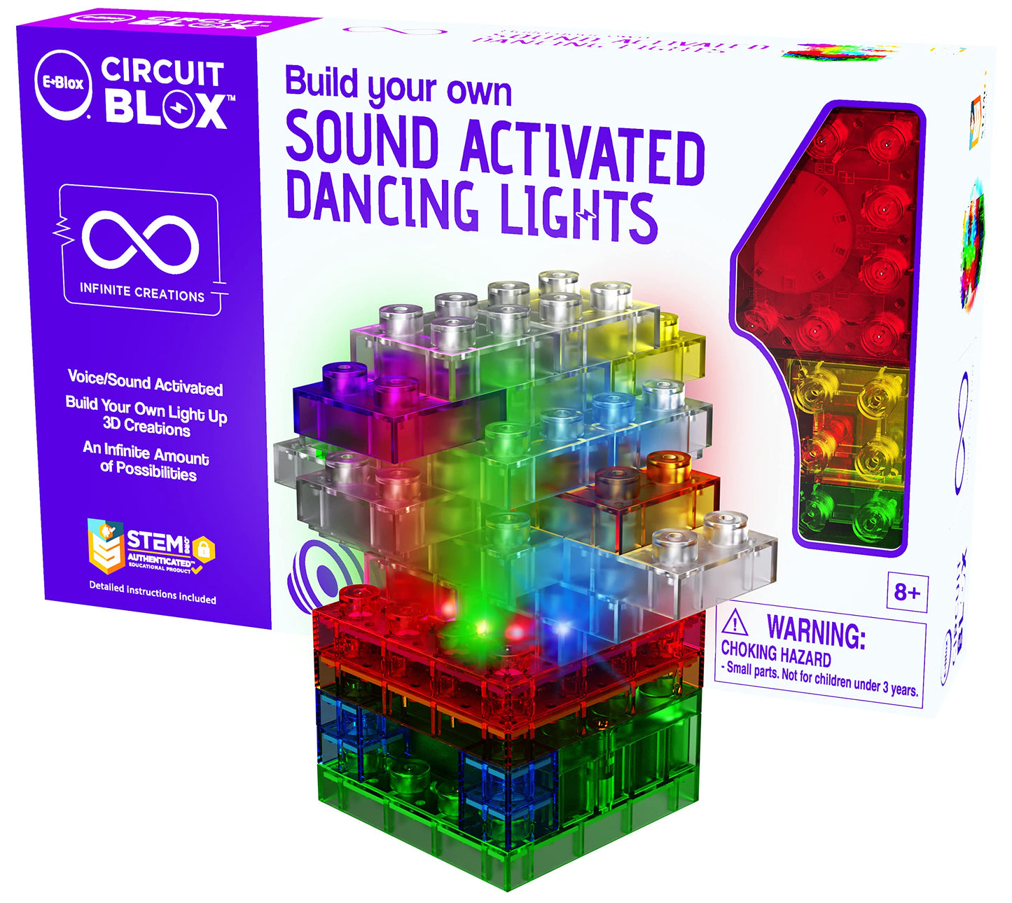 E-BLOX Build Your Own Sound Activated Dancing Lights STEM Kit, Reacts to Voice & Dances to Music, Building Blocks Circuit Toy Set for Kids, Birthday