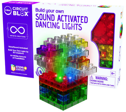 E-BLOX Build Your Own Sound Activated Dancing Lights STEM Kit, Reacts to Voice & Dances to Music, Building Blocks Circuit Toy Set for Kids, Birthday