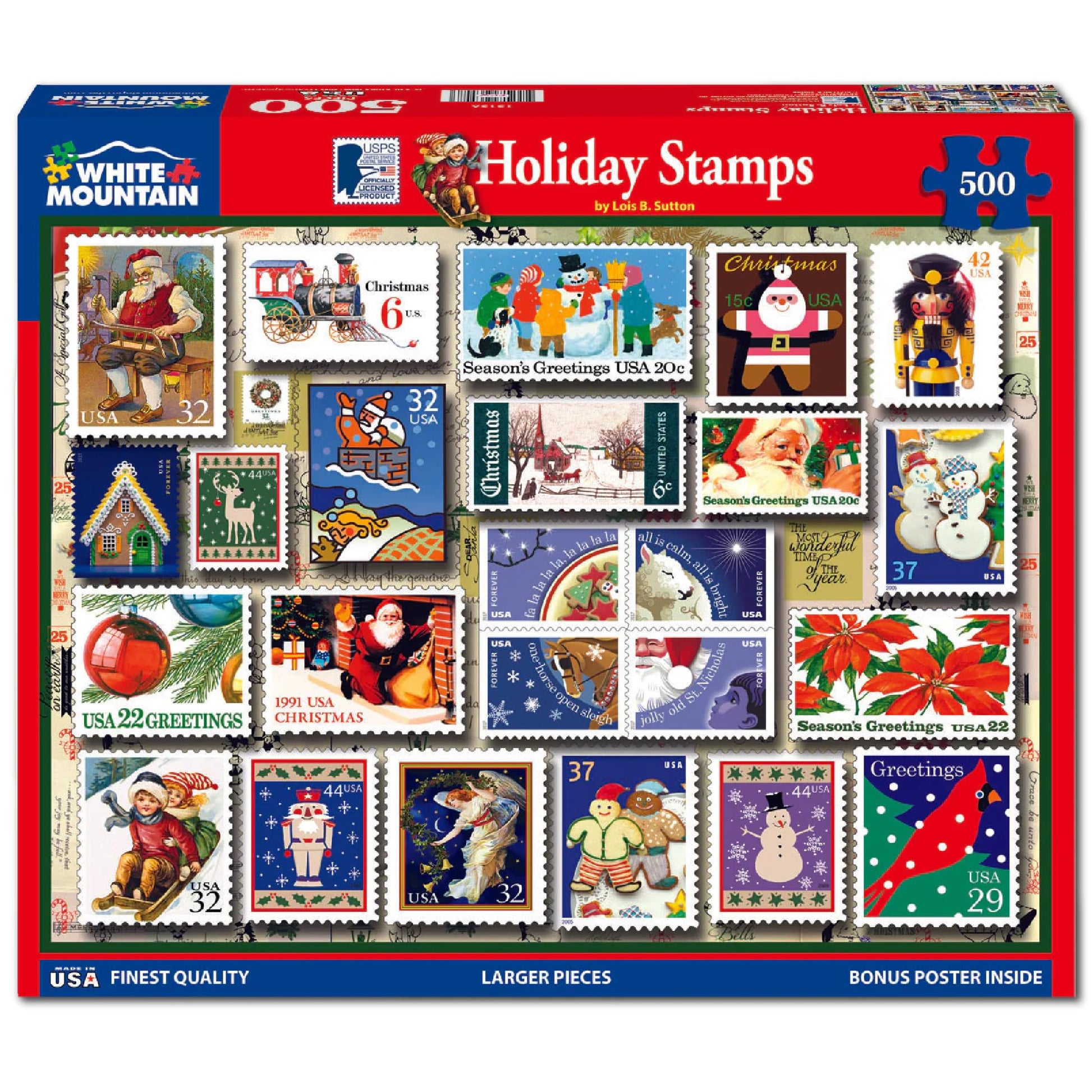 White Mountain 500 Piece Jigsaw Puzzle Winter Collage Christmas Puzzles with Large Pieces Gift for Adults 18"x24" - Holiday Stamps